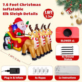 7.6Ft Christmas Inflatable Santa Claus With Sleigh And 3 Reindeer, Penguin With Gift, Lighted Blow Up Yard Decorations O