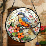 Stained Glass Window Hanging, Blue Bird Pink Flower Suncatcher Diamond Glass Panel Bird Sun Catchers Decor For Birthday For Women, Men, Wife, Aunt, And Mom 6.3 In