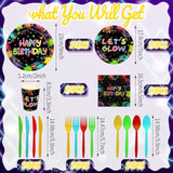 168 Pcs Serves 24 Guests Happy Birthday Party Plates And Napkins Glow Neon Birthday Tableware Set - Cups, Knives, Forks, Spoons