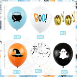 50Pcs Blue Halloween Balloon Decor Boy Halloween Blue Orange Black White Latex Balloon With Cute Ghost Wizard Hat Bat Printed For Halloween Baby Shower Happy Boo Day Spooky One Birthday Party Supplies