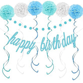 Blue Happy Birthday Decorations – Blue Happy Birthday Banner, Paper Pom Poms, Hanging Swirls And Glitter Circle Dots Garland For Birthday Party Decorations