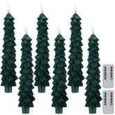 6 Pcs Led Christmas Tree Flameless Taper Candles, 9.7 Inch Real Wax Battery Operated Candlestick Lights With 3D Flame And Remote Timer For Windows Fireplace (Green,Christmas Tree)