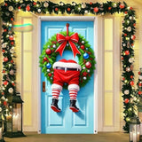 Christmas Door Cover Christmas Wreath Santa Claus Legs Hanging Banner Backdrop Photography Background Door Hanging Cover Door Cover Banner Winter New Year 71X35?Banner, Not A Real Wreath?