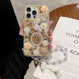 For Iphone 13 Pro Max Bling Diamond Case With Flower Strap, 3D Luxury Sparkle Glitter Crystal Rhinestone Pearl Love Rose Wristband Bracelet Case Cover For Girls Women Kids (Champagne)