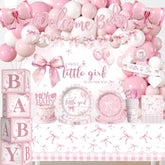 238 Pcs Pink Bow Baby Shower Decorations, All-In-One Party Pack For 20 Guests, Includes Tableware, Backdrop, Banner, Balloons And More For Bow Themed Baby Shower Decorations