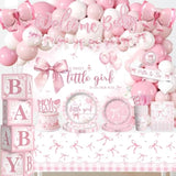 238 Pcs Pink Bow Baby Shower Decorations, All-In-One Party Pack For 20 Guests, Includes Tableware, Backdrop, Banner, Balloons And More For Bow Themed Baby Shower Decorations