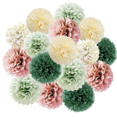 16Pcs Dusty Rose Olive Sage Green Tissue Paper Pom Poms Flowers Sage Green Dusty Pink Party Decorations For Bridal Shower Baby Shower Rustic Wedding Birthday Engagement Party Decorations