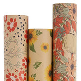 Kraft Floral Wrapping Paper Bundle, Vintage Spring Flowers Rose Gift Wrap Paper For Wedding Bridal Shower Birthday, 3 Rolls 17 In X 10 Ft Per Roll