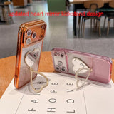 Glitter Mirror Kickstand Case for iPhone 17 Pro Max, Cute Bling Sparkly Rhinestones Diamond Case with Camera Protector & Heart Makeup Mirror Stand Women Girls Cover for iPhone 17 Pro Max, Orange