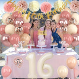 16Th Birthday Decorations Retro Blush Pink Sweet 16 Girls Birthday Balloons Happy 16Th Banner Cake Toppers Rose Gold Number 1 6 Balloon Pom Poms For 16 Year Old Bday Party Decoration Supplies