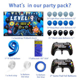 90Pcs Video Game Party Decorations For Boys Set Blue - 9Th Birthday Supplies - Video Game Backdrop, Balloons, Tablecloth, Gamer And 9 Foil Balloons