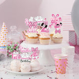 Oh Twodles Cupcake Toppers - 24 Pcs Pink And White Cartoon Mouse Bow Dots Cake Cupcakes Dessert Topper Decor Set 2Nd Birthday Party Decorations Supplies Favors For Two Years Old Kids Girls