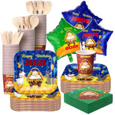 174 Pcs Happy Birthday Jesus Tableware With 24 Disposable Jesus Plates Cups Set 30 Disposable Jesus Napkins 24 Christmas Balloons Christmas Nativity Party Supplies Xmas Winter Holiday Party