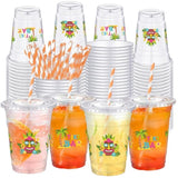 50 Pcs 16 Oz Tiki Bar Plastic Cups Bulk With Lids And Straws Disposable Tropical Clear Drinking Cups For Tiki Bar Party Favors Summer Decorations Hawaiian Luau Party Supplies