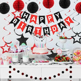 Birthday Decorations, Happy Birthday Banner With Honeycomb Balls, Star Hanging Swirl Streamers, Circle Dots Garland, Happy Birthday Party Decorations For Women Men Boys Girls (Red & Black)