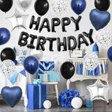 Navy Blue And Black Birthday Decorations For Men,Blue Black White Balloons Happy Birthdays Balloon Banner Silver Confetti Balloons For Men Boy Girls Women Adults Birthday Party Decorations