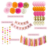 Pink & Orange Birthday Decoration Set: Banner, Balloons, Tassels, Pom Poms