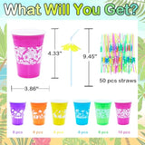 50 Pcs Luau Cups Hawaiian Cups For Party Hawaiian Luau Party Decorations With Parasol Straws - 16 Oz Tropical Cup Disposable Beach Cup Aloha Party Supplies Summer Party Decorations