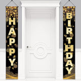 Happy Birthday Decorations Banner For Men, Women, Boys & Girls - Black & Gold Birthday Porch Sign & Party Supplies Background - 72 X 12 Inch