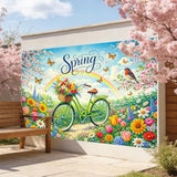 Hello Spring Banner - Bicycle & Rainbow Floral Design - 71X43 Inches Polyester Spring Banner Decorations For Yard, Trail, Porch