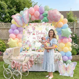 Baby In Bloom Balloon Decoration Kit With Backdrop, Pastel Spring Garden Tea Party Decor, Dusty Green Pink Purple Orange Blue Balloons With Rose Butterfly Star Foil & Pink Oh Baby Foil Balloon