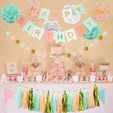 12Pcs Mint Peach Birthday Set with Banner, Pom Poms, and Tassel Garland