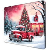 Merry Xmas Mouse Pad Red Truck House Square Mousepad With Non-Slip Rubber Base And Stitched Edge Mouse Mat For Wireless Computer Laptop Office Desk Accessories 9.5X8 Inches