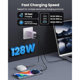 128W Usb C Wall Charger,Gan Iii 3-Port Fast Charging Station,Pd Qc Foldable Charger Block Portable 65W Laptop Adapter For Macbook Pro/Air,Ipad Pro,Galaxy S23,Dell Xps 13,Iphone 16/15/Pro Etc