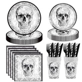 140Pcs Halloween Black Skull Birthday Party Decorations For 20 Guests - Disposable Tableware Skull Party Supplies Plates And Napkins Forks Cups Straws Baby Shower Halloween Birthday Decorations