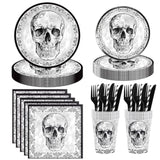 140Pcs Halloween Black Skull Birthday Party Decorations For 20 Guests - Disposable Tableware Skull Party Supplies Plates And Napkins Forks Cups Straws Baby Shower Halloween Birthday Decorations