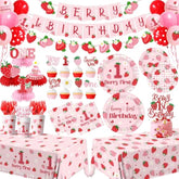 Berry First Birthday Tableware,Strawberry 1St Birthday Party Decorations For Girls,Strawberry Sweet One Themed Plates And Napkins Disposable Tablecloth,Cups,Balloon,Forks,Cupcake Topper,Serve 24