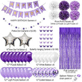 Purple Birthday Decorations For Women Girls Butterfly Hanging Garland Purple And White Silver Lavender Party Decorations Set With Happy Birthday Banner Foil Background Pompom Flower