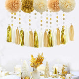 White Gold Champagne Party Decorations - 23Pcs Tissue Pom Poms Streamers,Christmas Wedding Engagement Tassel Garland Banner,Bachelorette Neutral Birthday Baby Bridal Shower Decor