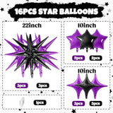 16-Pack Purple and Black Star Foil Balloons 10-22 Inch for Party Decor