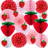 Strawberry Party Decorations Kit Red Pink White Tissue Pom Poms, Honeycomb Ball, Lanterns, Garland & Fans For 1St Birthday, Baby Shower, Bridal, Berry-Themed Girls Sweet Fruit Party Décor