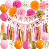 Pink & Orange Birthday Decoration Set: Banner, Balloons, Tassels, Pom Poms