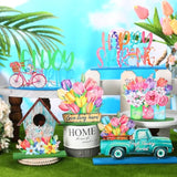 6 Pcs Hello Spring Table Decorations Wooden Tulip Tiered Tray Decor Pastel Flower Truck Block Sign Table Centerpieces Farmhouse Freestanding Tabletop For Easter Home Restaurant Office Party