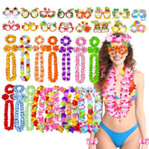 62 Pcs Hawaiian Leis For Luau Party Hawaii Leis Bulk - Tropical Hula Dance Decor Flowers Necklaces, Flower Headbands, Paper Glasses, Summer Beach Hawaii Party Favors