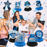 8Pcs Blue 21st Birthday Decorations Blue and Black Happy 21st Birthday Table Honeycomb Centerpieces for Table Decor 21st Birthday Table Topper for Men Women 21st Birthday Anniversary Party Supplies
