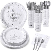 175 Pcs Merry Christmas Party Dinnerware Foil Dots Christmas Paper Plates Set Elk Disposable Xmas Plates Napkins Cups For New Year Wedding Birthday Baby Shower Party Supplies Decoration (White Silver)