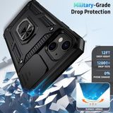 iPhone 13 Case with Slide Lens Cover, HD Screen Protector, Military Grade Drop Protection, Magnetic Rotated Ring Holder Kickstand Protective Phone Case (Black)
