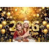 2026 New Year Banner Backdrop 8x6ft Black Gold Fireworks for NYE Party