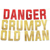 Funny gold glitter "Happy Birthday" banner for men’s milestone and retirement parties