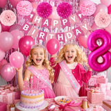 8Th Birthday Decorations For Girls, Pink Party Decorations With Number 8 Balloon Happy Birthday Banner Bday Sash Crown Tablecloth Fringe Curtain Hanging Swirl For 8 Balloons For Bday Girl