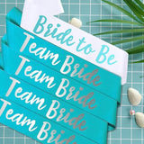 Team Bride 7Pc Satin Sash Set - Sophisticated & Fun Party Favors For Bachelorette Party, Bridal Shower & Wedding Party (7Pc Set, White & Light Blue)