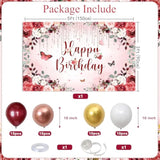 Burgundy Floral Happy Birthday Decorations Women Girls Party Supplies Including Flower Birthday Backdrop 5X3Ft,50 Pcs Burgundy Rose Gold Balloons Garland Arch Kit