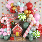 Christmas Balloons Arch, Pastel Green Pink Christmas Balloons Garland Kit With Green Candy Gingerbread Man Foil Balloons, Snowflakes Confetti Red Gold Balloons For Xmas Christmas Birthday Decorations