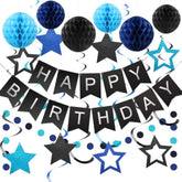 Birthday Decorations, Happy Birthday Banner With Honeycomb Balls, Stars Hanging Swirl Streamers, Circle Dots Garland, Happy Birthday Party Decorations For Women Men Boys Girls (Black&Blue)