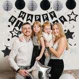 Black & Silver Birthday Decorations Banner, Swirls, Honeycomb Balls and Garland for All Ages