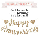 Pre-Strung Happy Anniversary Banner - No Diy - Gold Glitter Wedding Anniversary Party Banner In Script - Pre-Strung Garland On 6 Ft Strands - Wedding Decorations & Decor. Did We Mention No Diy